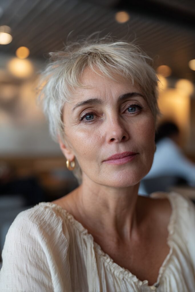 Soft shag with curtain bangs short haircut for older women with coarse hair.