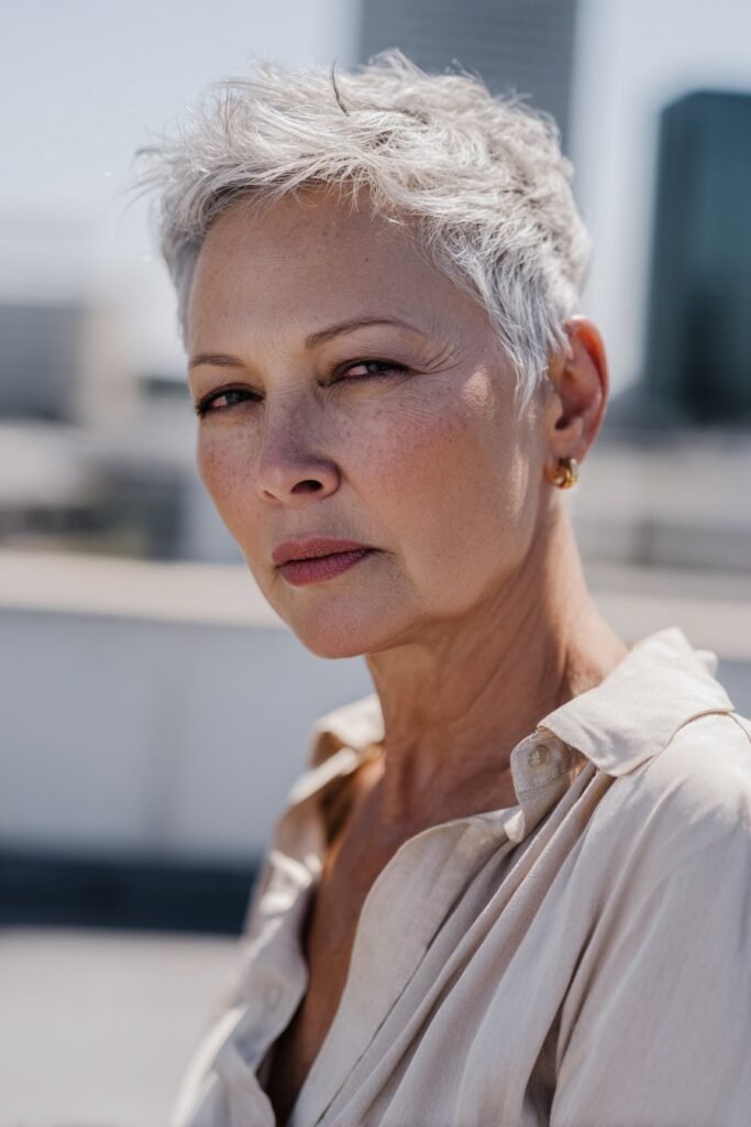 Older woman with soft undercut and textured top for extra volume.