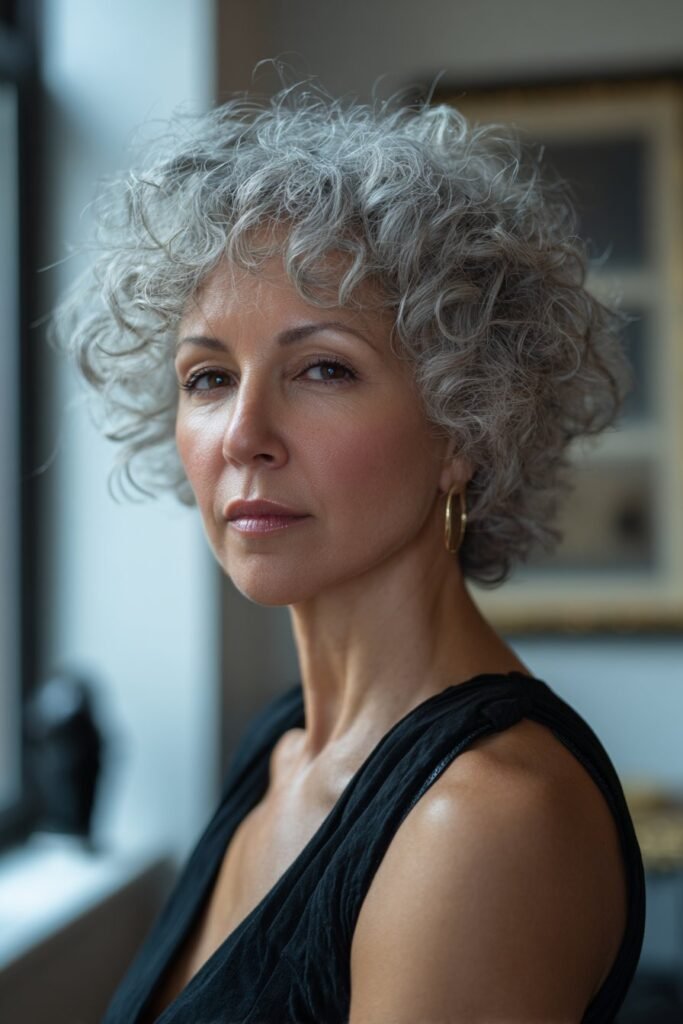 Woman wearing a short curly pixie with neat volume.