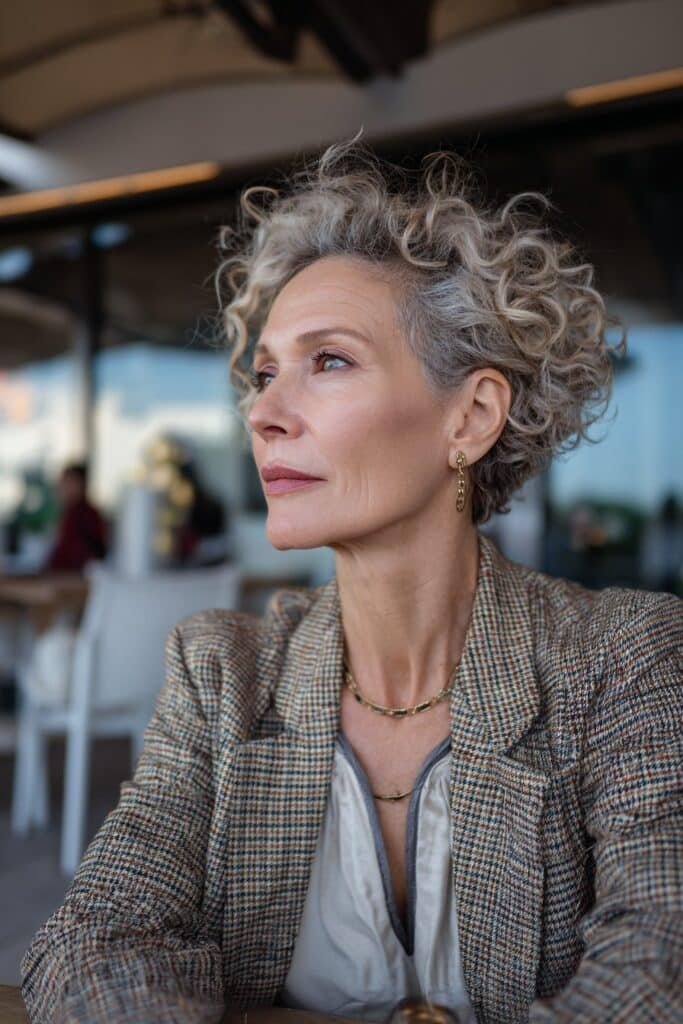 Woman wearing a stacked curly bob with lifted back volume.