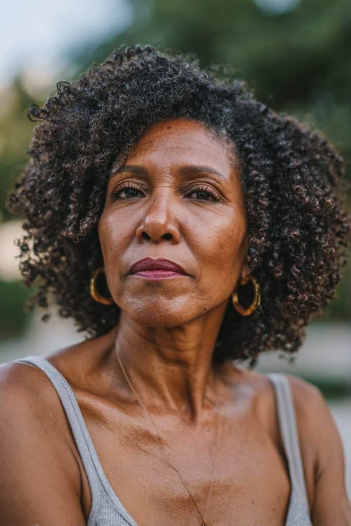 Woman showing a tapered curly afro with natural texture.