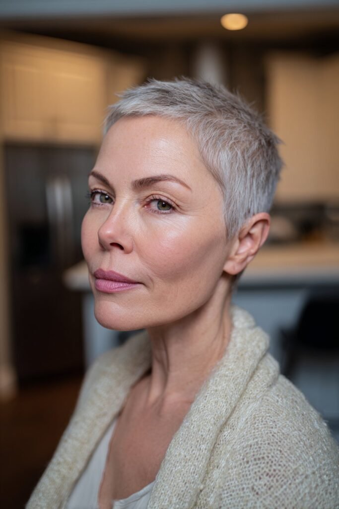 Tapered short haircut for older women with coarse hair and fuller crown.