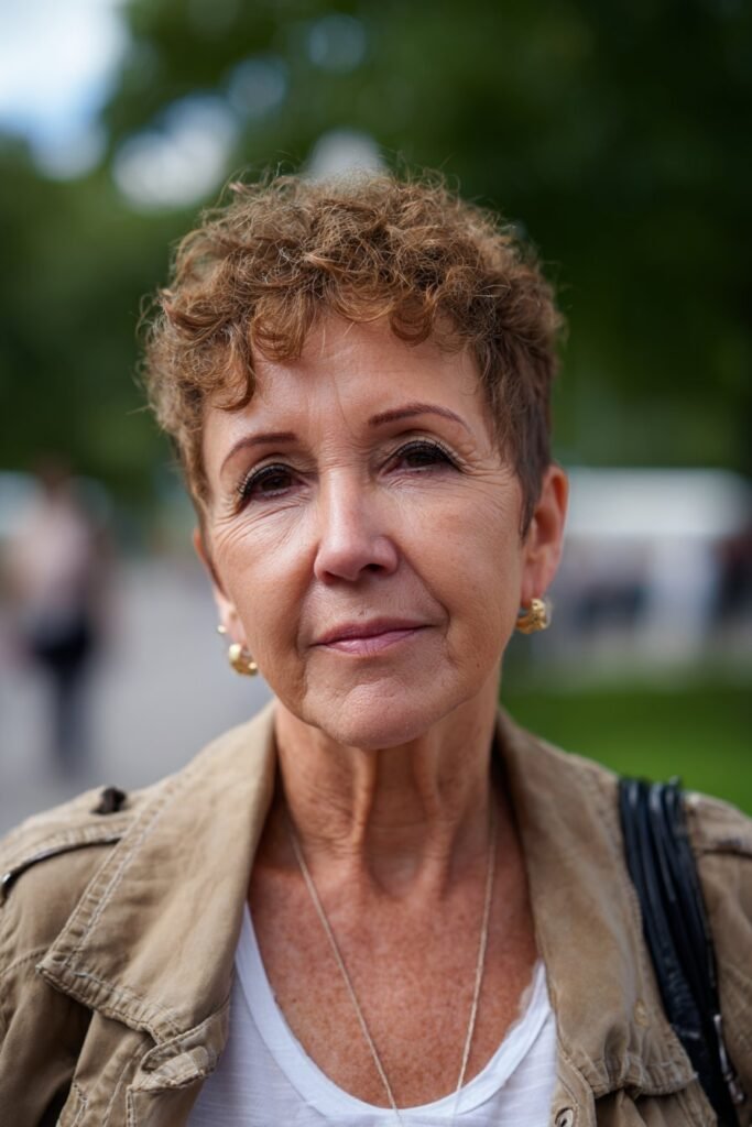 Older woman wearing tapered natural curl cut with defined crown volume.