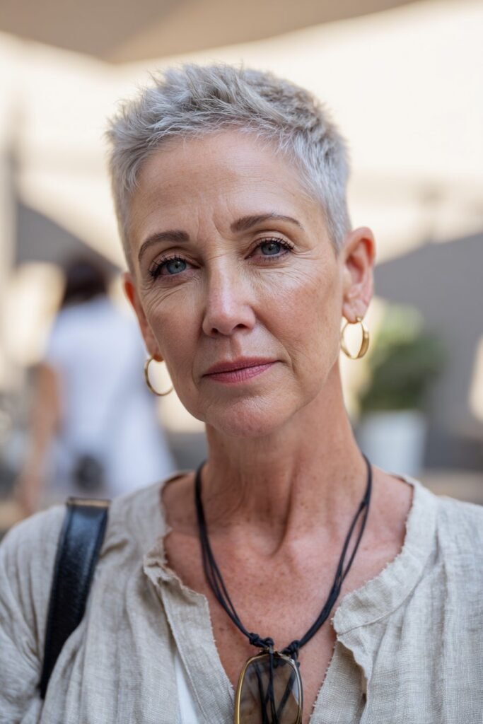 Older woman wearing tapered pixie with lifted crown and soft volume.