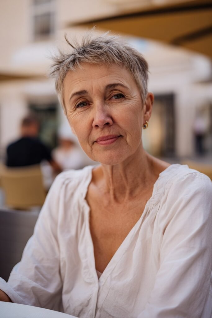 Textured crop short haircut for older women with fine hair and light layers.