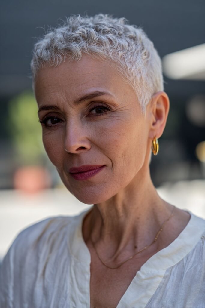Textured curl fade short haircut for older women with curly hair.