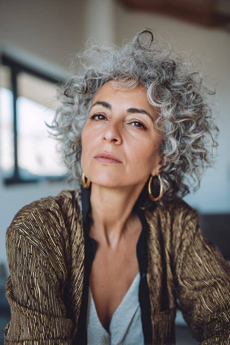 Woman with textured curly pixie and longer top layers.