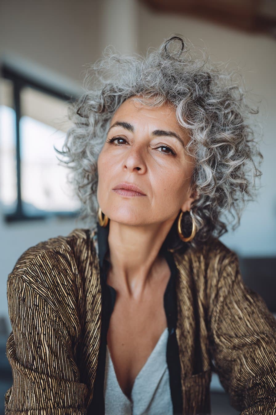 Woman with textured curly pixie and longer top layers.