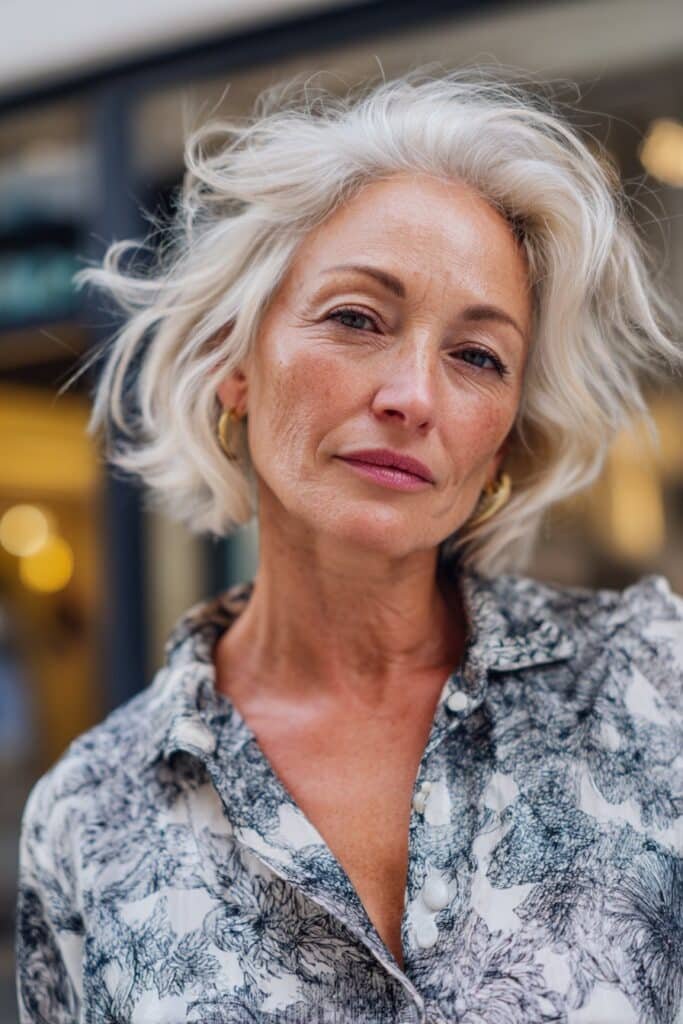 Woman with textured layered bob and soft natural volume.