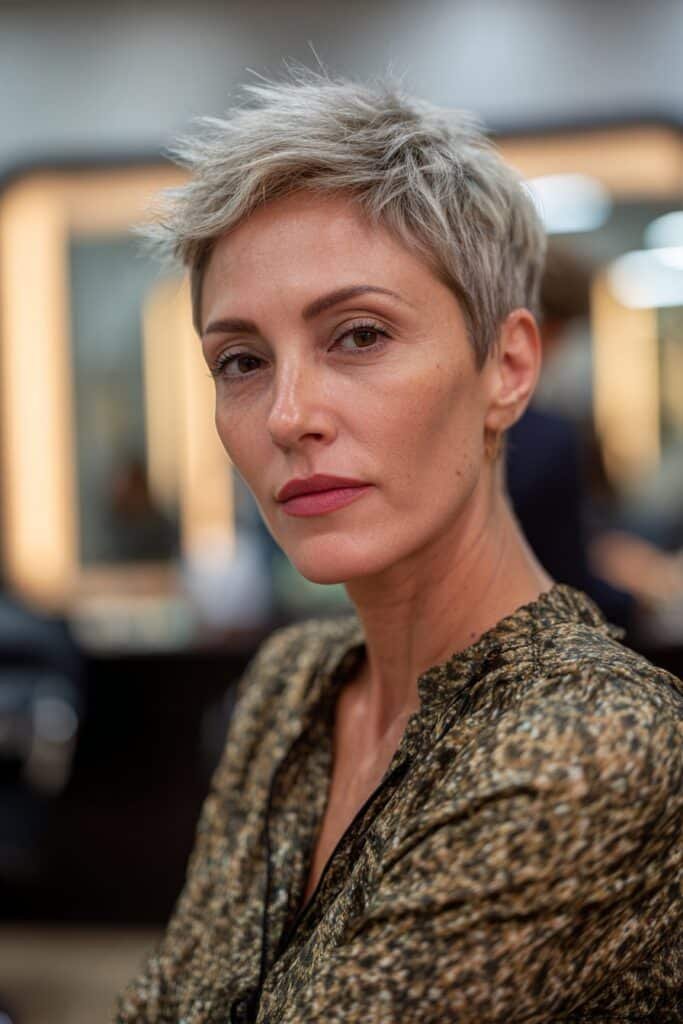 Textured pixie short haircut for older women with coarse hair and choppy layers.