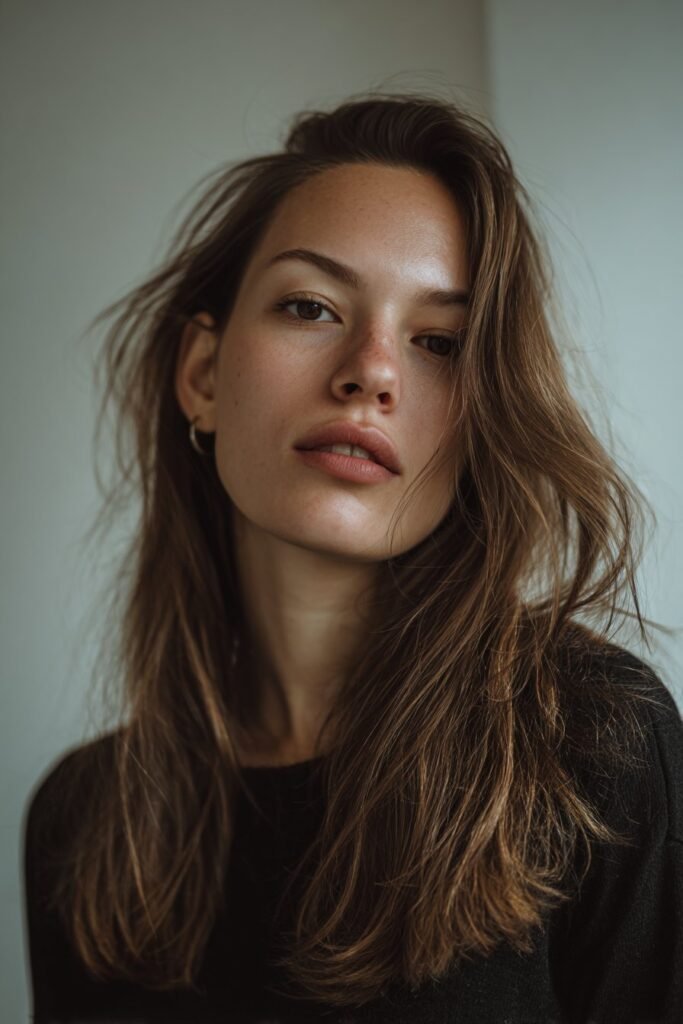 Young woman with textured side-part curtain fringe and natural layered movement.