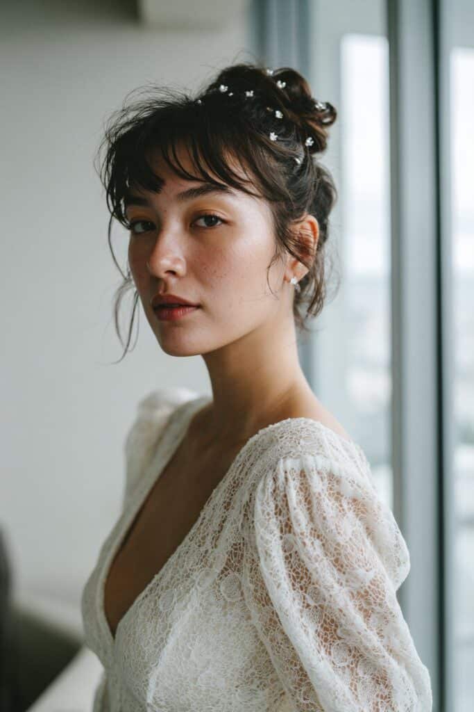 Engagement hairstyle for short hair with a small textured top knot.