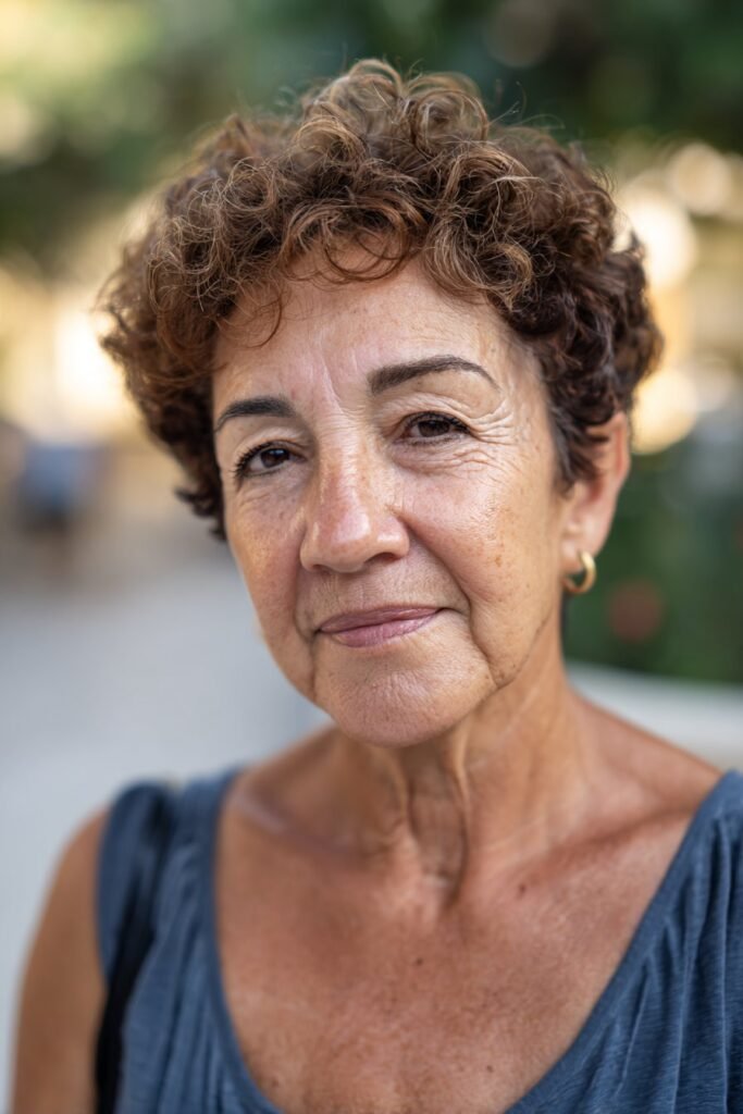 Older woman with tight curl teenie weenie afro and defined texture.