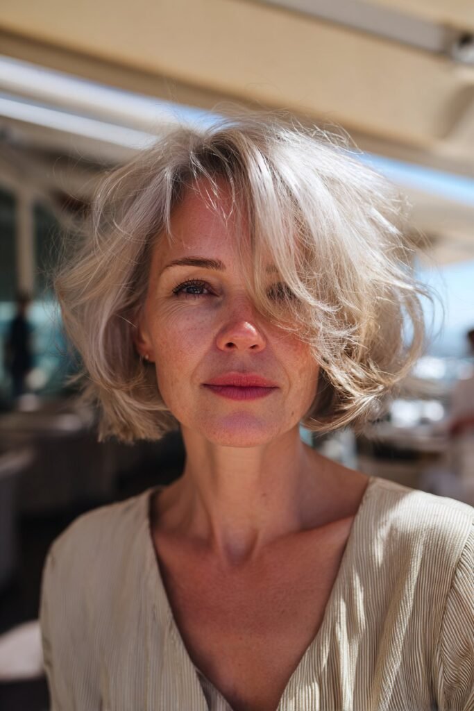 Older woman with tousled bob and effortless texture.