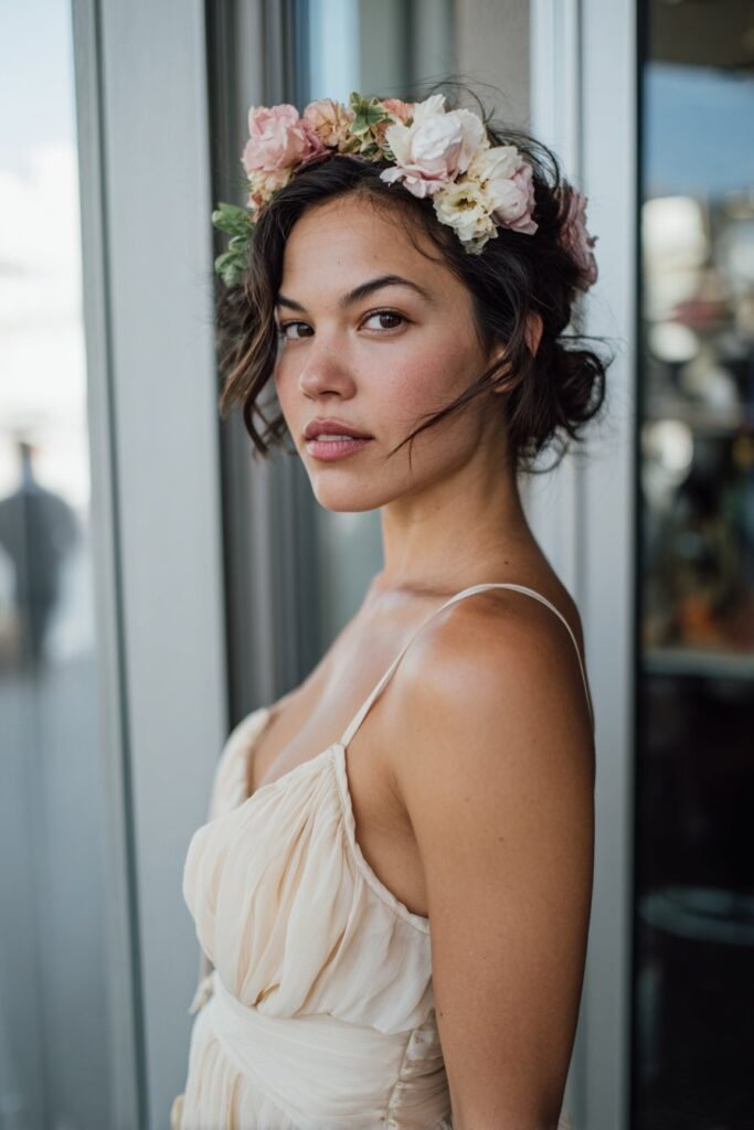 Short engagement hairstyle with a tousled crop and fresh flower accents.