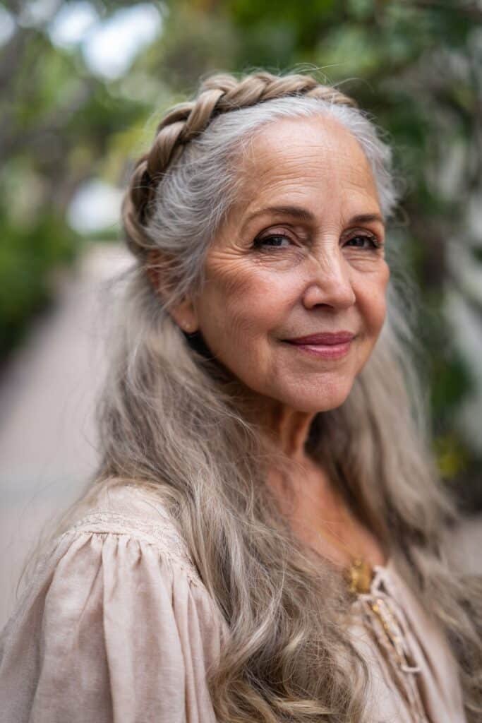 Older woman wearing twisted crown headband hairstyle.