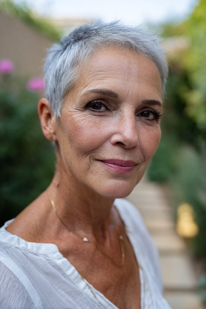 Voluminous crown pixie adding lift to fine hair on older woman.