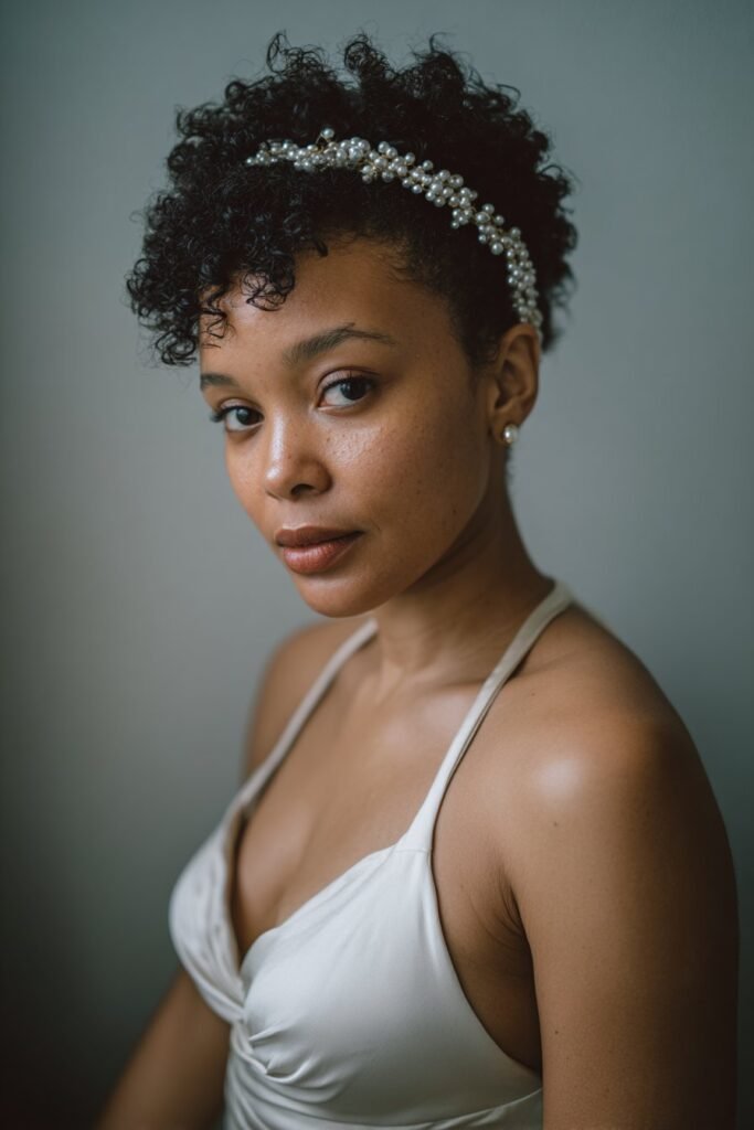 Short curly pixie engagement hairstyle with soft volume and pearl details.