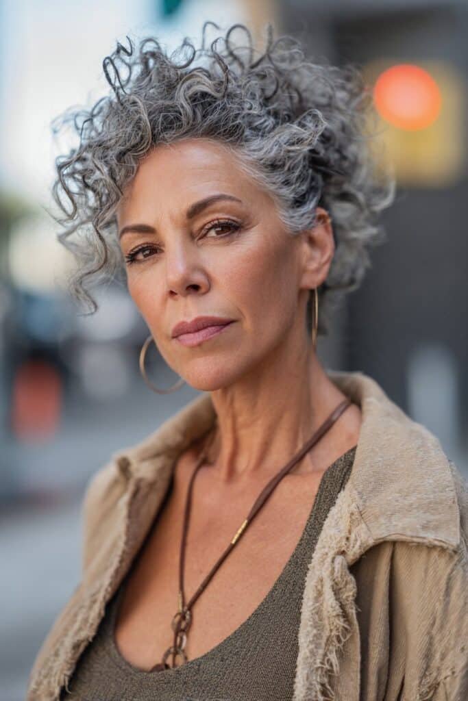 Woman with voluminous curly shag and textured layers.