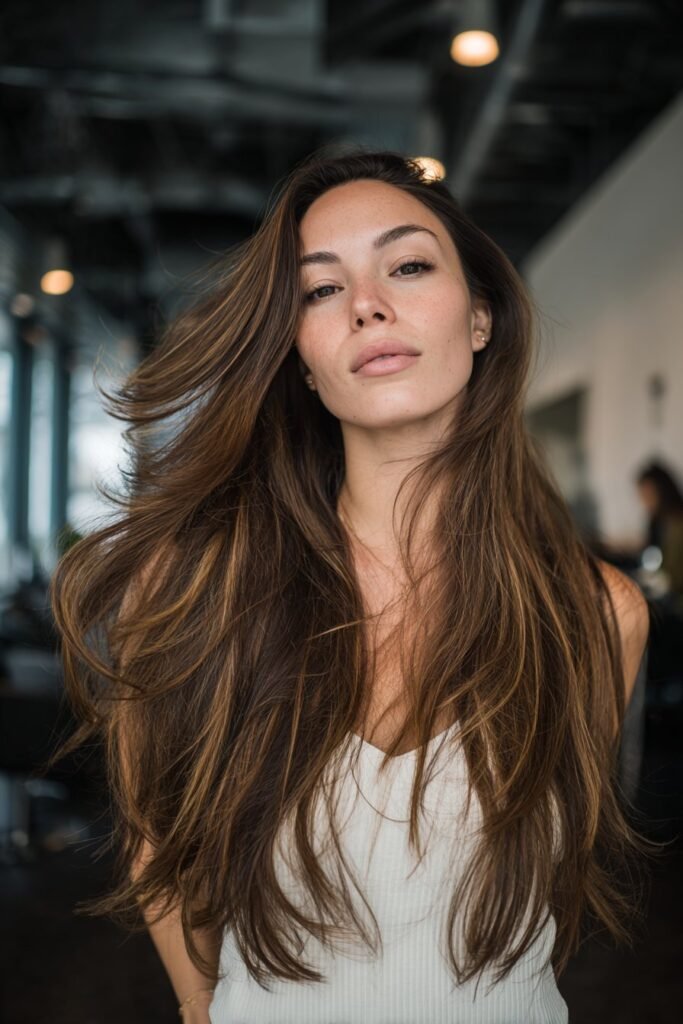 Model showing voluminous side-part curtain fringe with glamorous side-swept volume.
