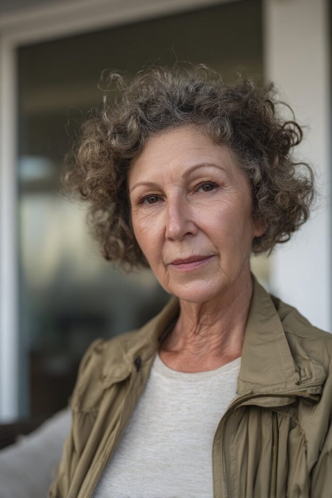 Wash-and-go curly crop on older woman with natural texture.