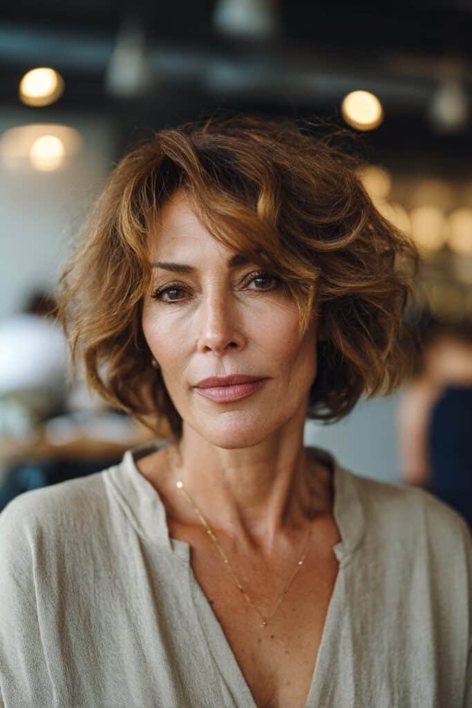 Woman with wavy bob and face framing layers.