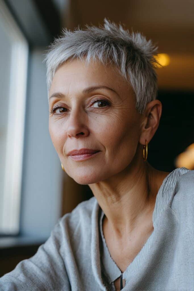 Older woman with wispy fringe pixie and soft feathered texture.