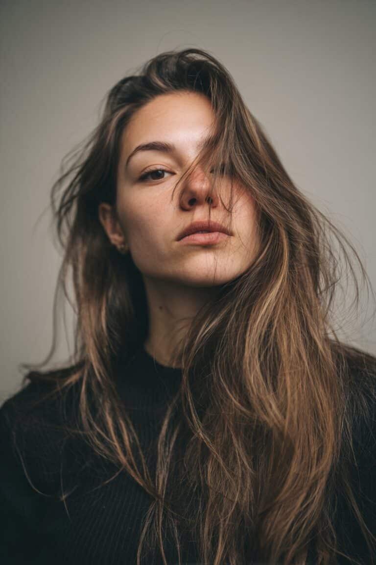 Woman with wispy side-part curtain fringe and lightweight strands styled to one side.