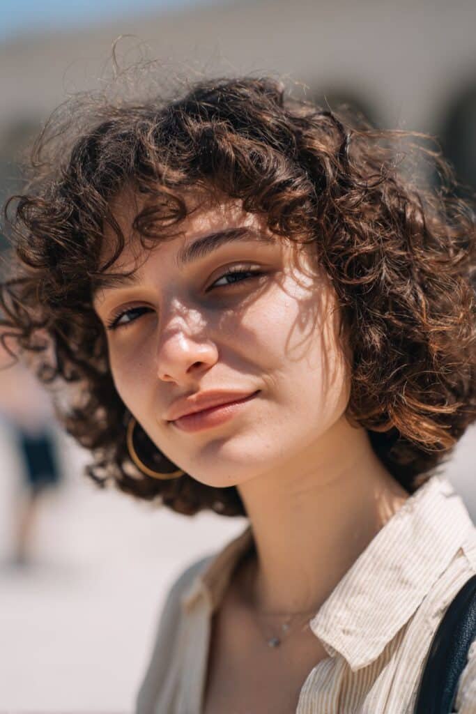 Woman with stacked bob styled in tight spiral curls.