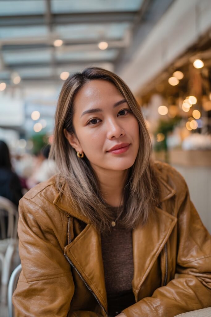 Woman with tortoiseshell lowlights in gray hair.