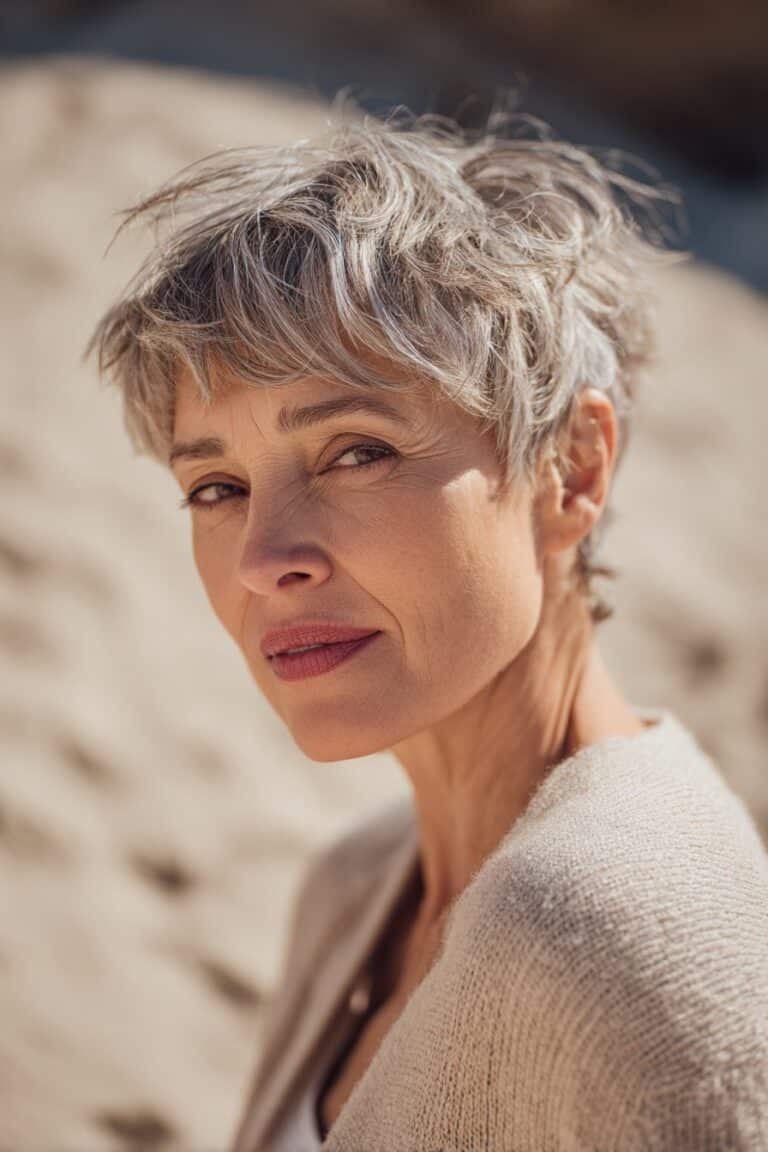 Tousled short shag short wispy haircut for older women.