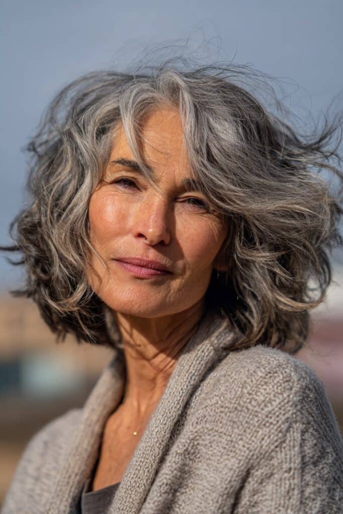 Older woman with tousled wavy shag for a relaxed everyday look.