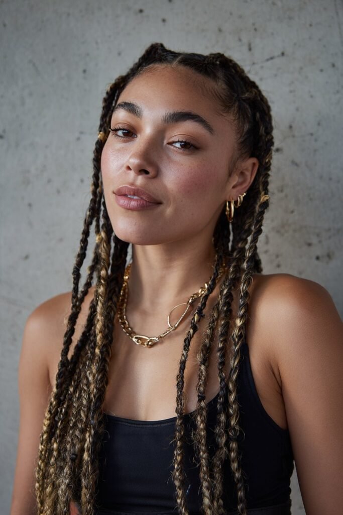 Woman with triangle-part cassie braids and clean scalp design.