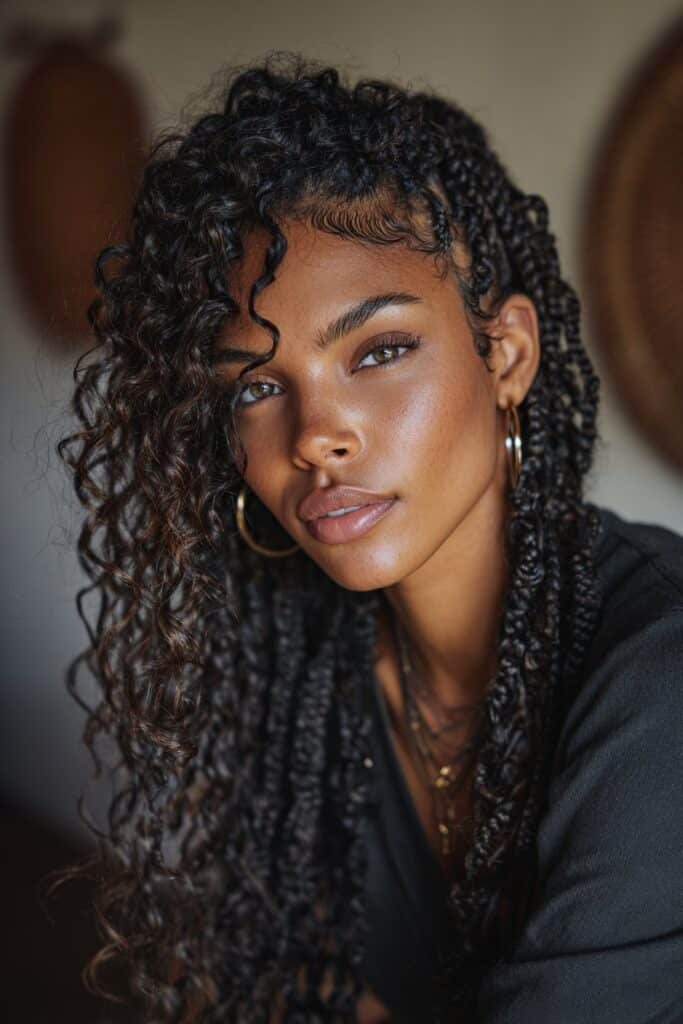 Woman with tribal braids and bouncy curly ends hairstyle.