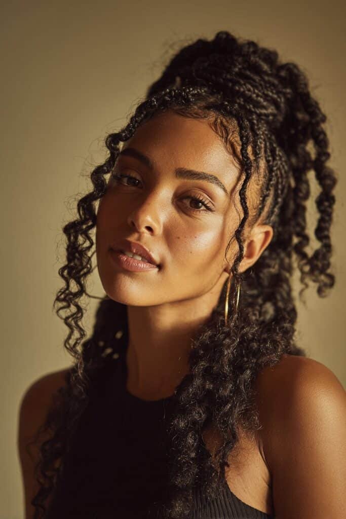 Woman with twisted box braids and soft curly ends hairstyle.