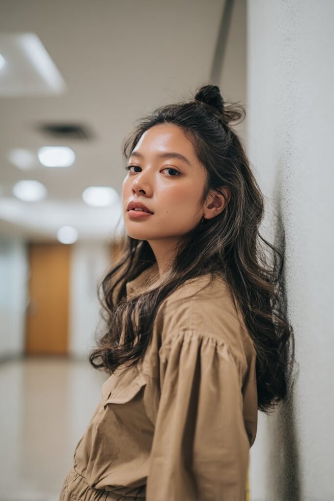Woman with twisted half-up hairstyle and soft wavy texture.