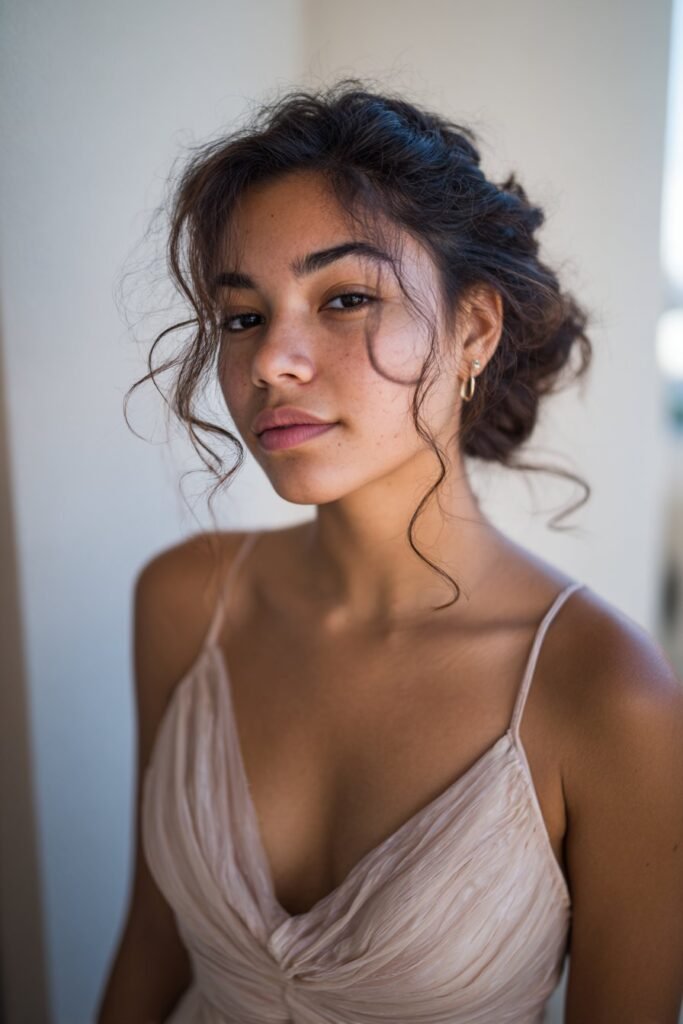 Teen girl with twisted low bun and loose tendrils framing her face.