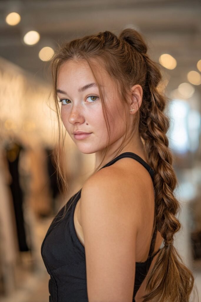 Teen girl wearing a twisted rope braid ponytail styled for long fine hair at prom.