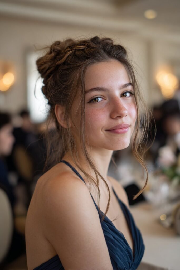 Teen girl wearing a twisted rope updo prom hairstyle with soft volume at the crown.