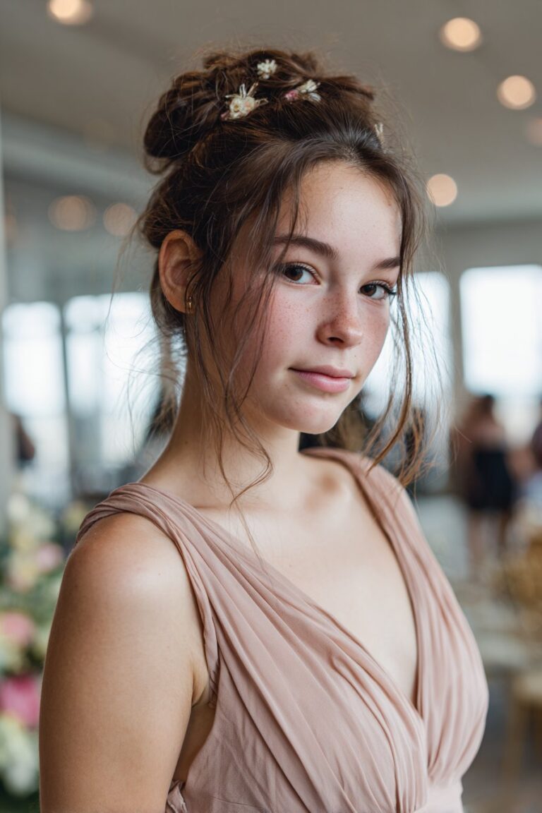 Teen girl with a twisted updo prom hairstyle for long fine hair and floral accents.