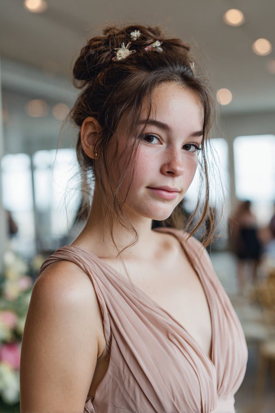 Teen girl with a twisted updo prom hairstyle for long fine hair and floral accents.