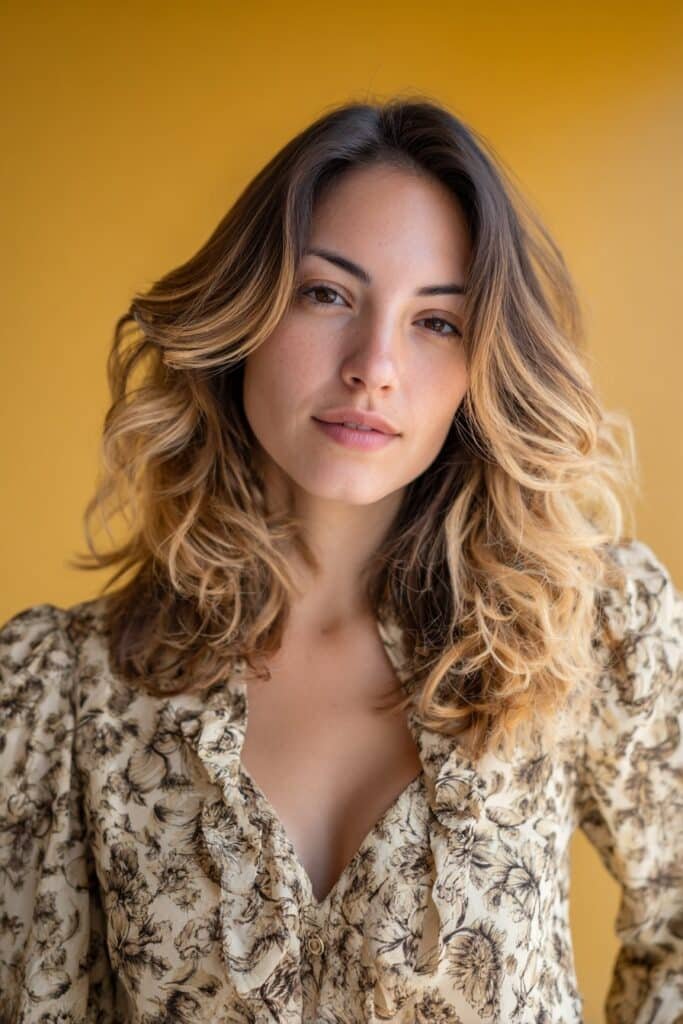 Two-tone 70s feathered hair with blended highlights and flipped ends.