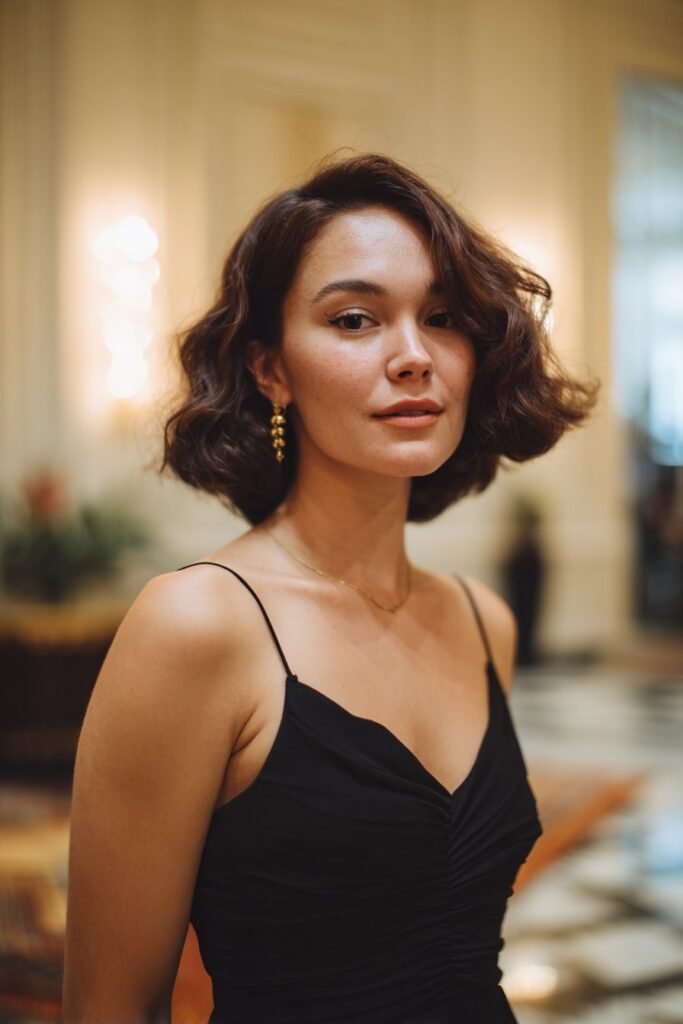 Elegant woman showing a glam stacked bob with vintage curls.