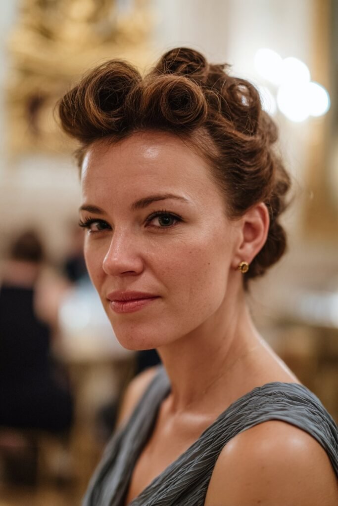 Woman with vintage victory rolls updo hairstyle.