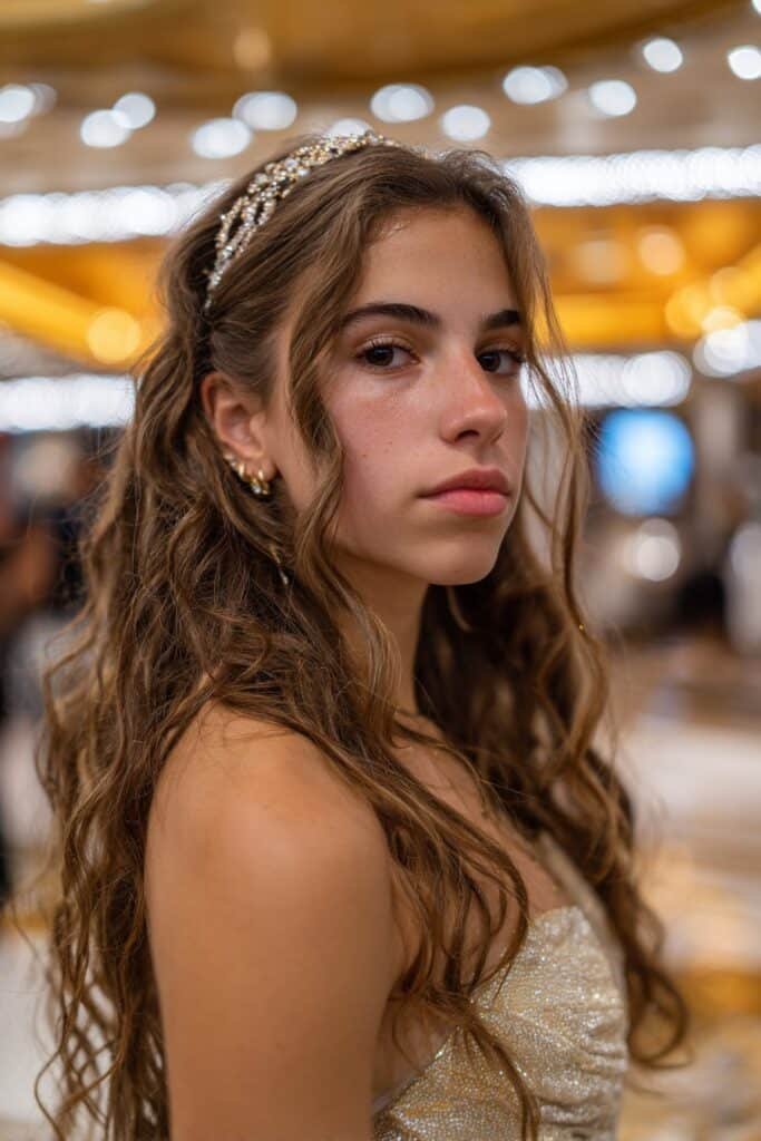 Teen girl with voluminous blowout and embellished headband for prom.