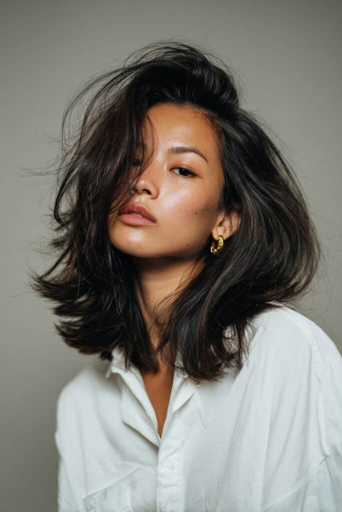 Woman with voluminous blowout and flipped ends hairstyle.