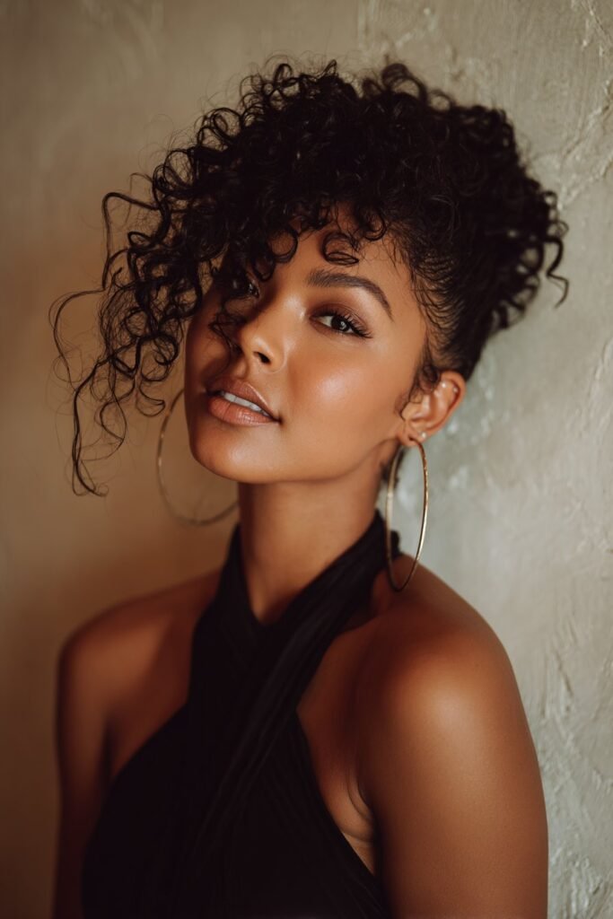 Woman with voluminous curls styled in a deep side-part hairstyle.