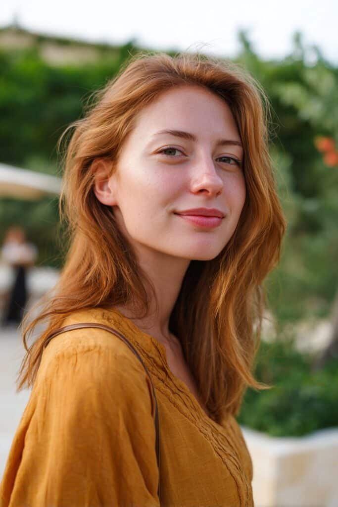 Woman with warm caramel lowlights adding soft depth.