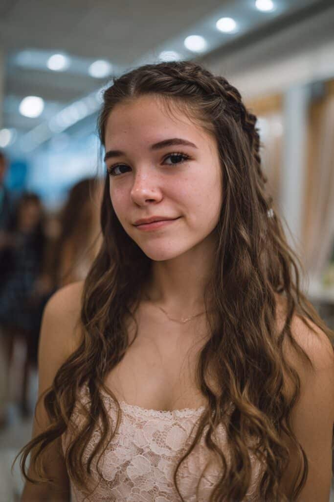 Teen girl with a delicate waterfall braid, an easy prom hairstyle for long hair.