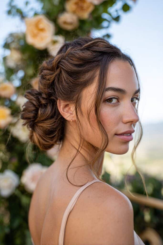 Woman with waterfall braid updo and soft bun.